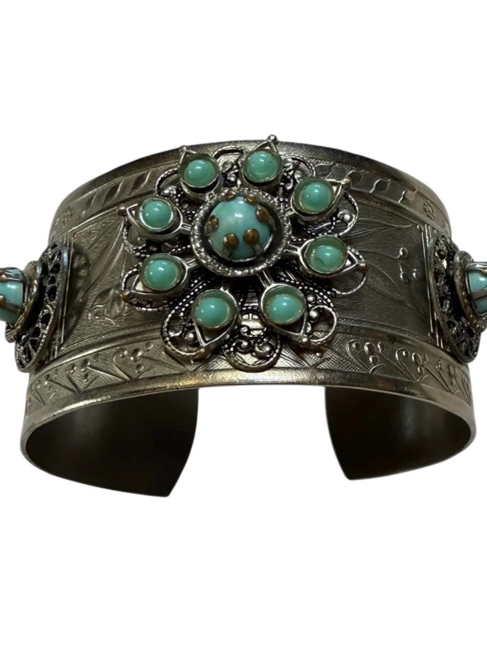 Vintage Turquoise Floral Silver-Tone Cuff Bracelet
